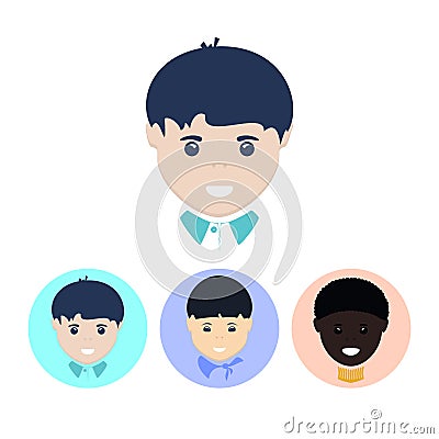 Set icons with european boy,asian boy, african american boy, vector illustration Vector Illustration