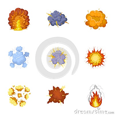 A set of icons about the explosion. Various explosions, a cloud of smoke and fire.Explosions icon in set collection on Vector Illustration