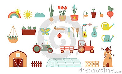 A set of icons for farm and agriculture. Plants and gardening tools. Plant planting and plant care. Flower business. Agricultural Vector Illustration