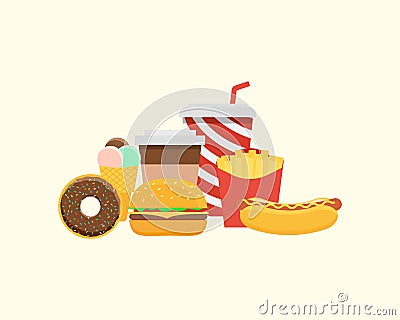 Set of icons of fast food restaurant products Vector Illustration