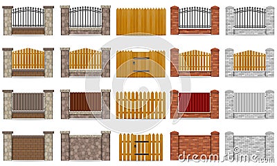 Set icons fence made from wooden stone brick vector illustration Vector Illustration