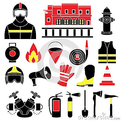 Set icons of firefighting equipment illustration Cartoon Illustration