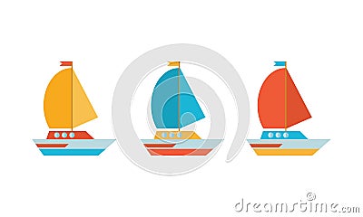 Set of icons in a flat vector. Yellow, blue and red yacht, boat, sailboat. Travel by sea transport. Isolated objects Stock Photo