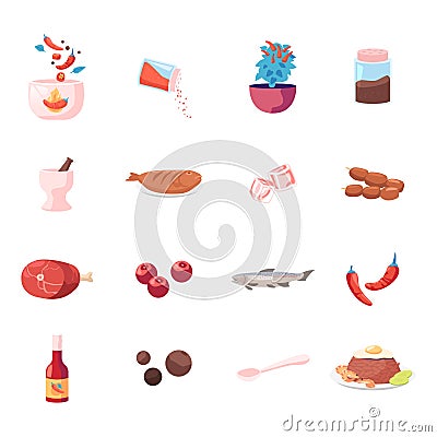 Set of Icons Food and Condiments Red Hot Chilli Pepper, Allspice, Mortar and Fried Fish, Ice Cubes Vector Illustration