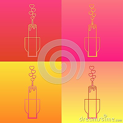 Set of icons on four colorful backgrounds. Romantic candle in stand and fire in shape of hearts. Vector Illustration