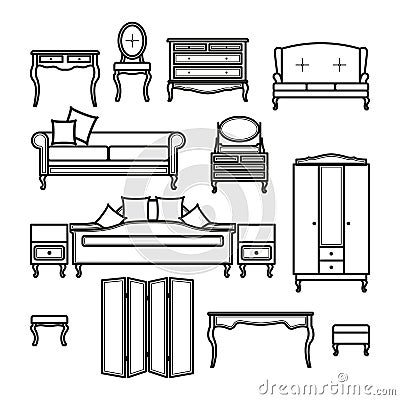 Set of icons of furniture for the bedroom. Vector Illustration