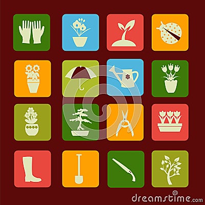 Set icons of gardening and spring related items. Vector Illustration