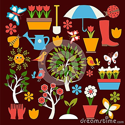 Set icons of gardening and spring related items Vector Illustration