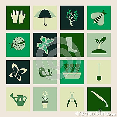 Set icons of Gardening and spring symbols Vector Illustration