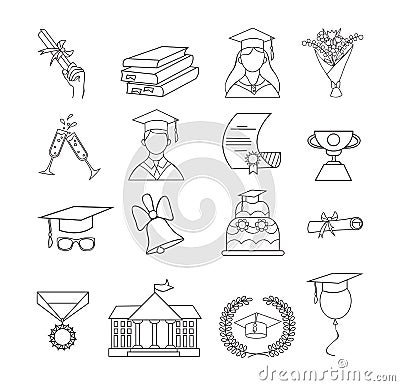 Set of icons for graduation. Linear graduation elements for invitations, posters, greeting cards etc. Graduation icon vector set Vector Illustration