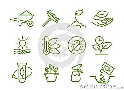Set of icons. Growing seedlings plant. Agriculture and gardener. Biotechnology plants. Sowing seeds. Vector contour Stock Photo