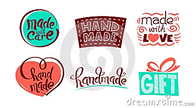 Set of Icons with Handmade Lettering, Made with Love Drawing Elements, Wrapped Gift Box Symbol, Clothe Patch Vector Illustration