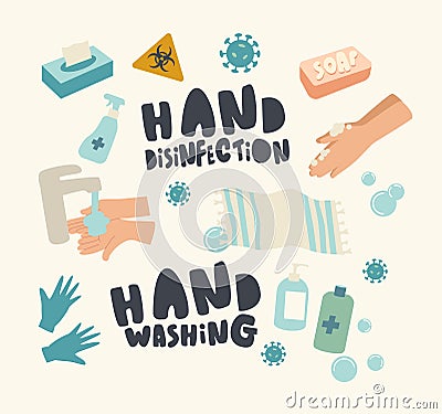 Set of Icons Hands Disinfection Theme. Sanitizer Bottle, Liquid Soap and Biohazard Sign, Wet Wipes, and Water Flowing Vector Illustration