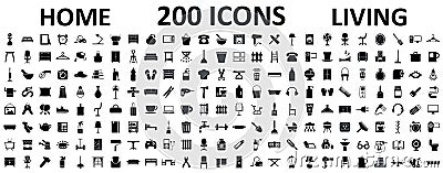 Set 200 icons of home living, furniture, house dÃ©cor, bathroom, bedroom, garage and many more â€“ vector Stock Photo