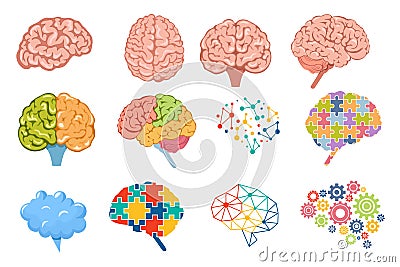 Set of Icons Human Brain, Neurology, Anatomy Science Elements. Body Organ Front, Top and Side View with Convolutions Vector Illustration