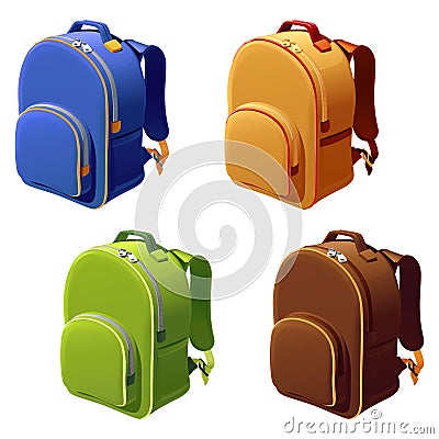 Set of icons with the image of school backpacks of different colors Vector Illustration