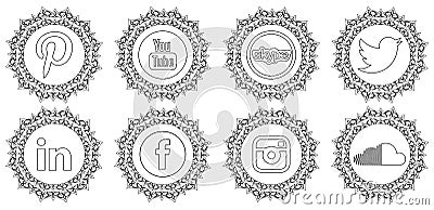 Set of mandalas with social network icons, black and white, isolated Editorial Stock Photo