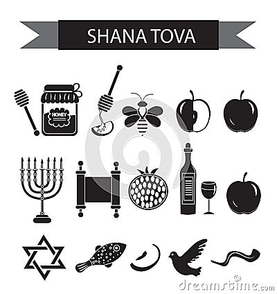 Set icons on the Jewish new year, black silhouette icon, Rosh Hashanah, Shana Tova. Cartoon icons flat style. Traditional symbols Vector Illustration