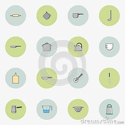 Set of icons of kitchen utensils in flat style. Simple vector round icons in two colors. Vector Illustration