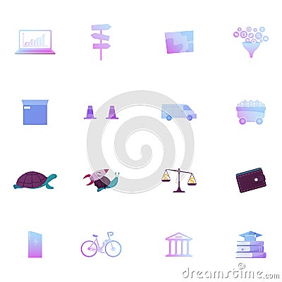 Set Icons Laptop, Road Pointer and Sales Funnel, Box, Traffic Cones, Van and Trolley, Turtle with Rocket, Scales Vector Illustration
