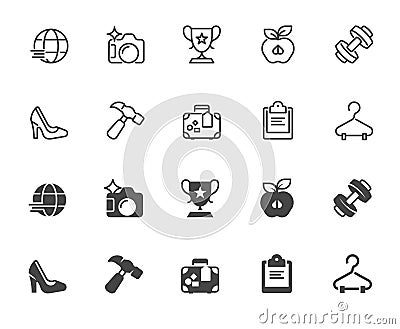 Set of icons in linear and glyph designs. Healthy lifestyle, sports, tourism, business theme. Outline and flat labels Vector Illustration