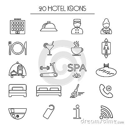 Set of icons of linear hotel service. Isolated. Vector Illustration