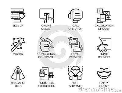 Set of 12 icons in linear style of business, online orders and payments, fast delivery, high customer service symbols Vector Illustration