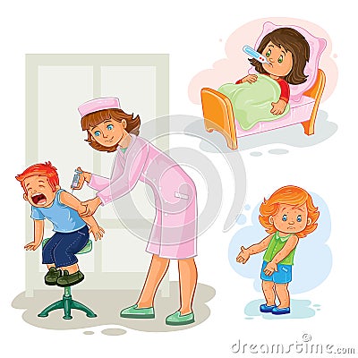 Set icons little girl sick Vector Illustration