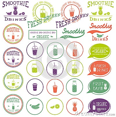 Set of icons, logo, elements, symbols, emblems and labels - smoothie, coffee to go, frappe, juice, fruits cocktail, lemonade, ma Vector Illustration