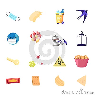 Set of Icons Medical Mask, Gloves and Recycling Litter Bin with Swallow, Sick Earth Globe, Balloons and Birds Cage Vector Illustration