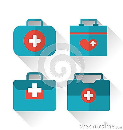 Set icons of medicine chest with long shadow in flat style Vector Illustration