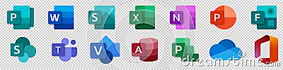 Set icons Microsoft Office 365: Word, Excel, OneNote, Yammer, Sway, PowerPoint, Access, Outlook, Publisher, SharePoint, OneDrive, Vector Illustration
