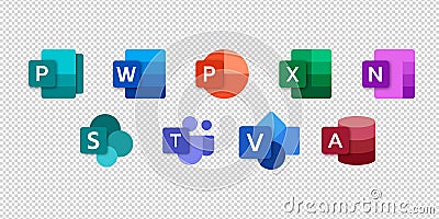 Set icons Microsoft Office 365: Word, Excel, OneNote, Yammer, Sway, PowerPoint, Access, Outlook, Publisher, SharePoint, OneDrive, Vector Illustration