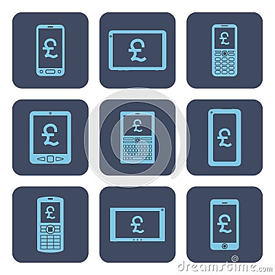 Set of icons - mobile devices with pound symbols on screens Vector Illustration