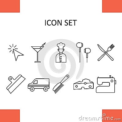 Set of icons - mouse cursor, cocktail, cook, headphones, cutlery, spatula, machine, comb, cheese, sewing machine Vector Illustration