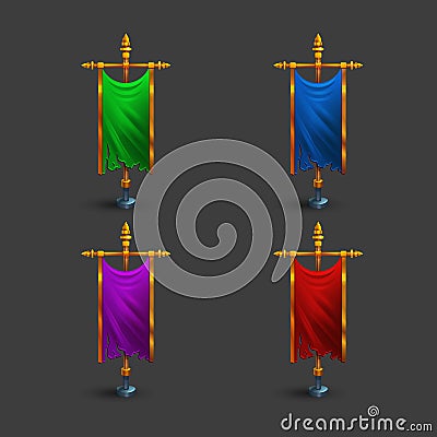 Set of icons of multicolored medieval vertical flag with flagpole for game. Vector Illustration