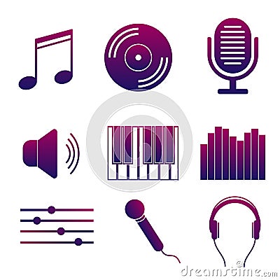 Set of icons of music and songs. Modern collection of bright signs studio sound recording Vector Illustration