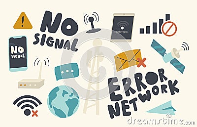 Set of Icons No Wifi Signal Theme. Network Error, Wi Fi Lost Connection Sign, Earth Globe and Satellite with Envelope Vector Illustration