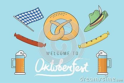 Set of icons for Oktoberfest - Oktoberfest logo lettering, beer mug, pretzel, sausage, German hat Vector Illustration