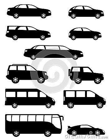 Set icons passenger cars with different bodies black silhouette Vector Illustration