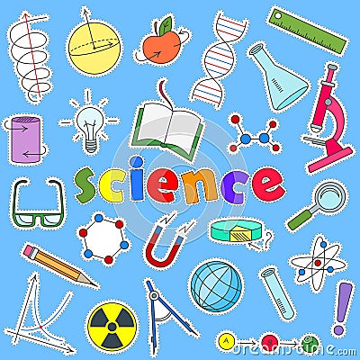 Set of icons patches on the subject of education and science, the colored icons on a blue background and the inscription of scienc Vector Illustration