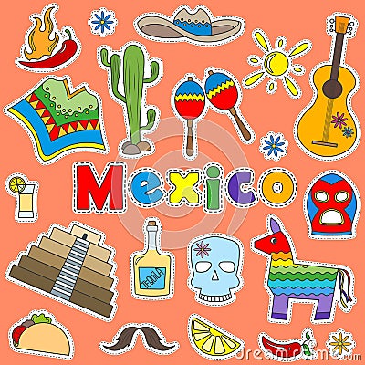 Set of icons patches on the theme of travel in Mexico Vector Illustration