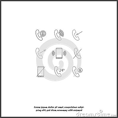 Set of icons on the phone. Phone calls, mobile phone, technical support 24 hours a day, and others on white isolated background Vector Illustration