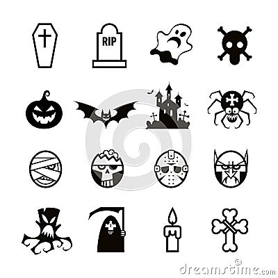 Set of icons and pictograms for Halloween. Pumpkin, ghost, vampire, coffin and more. Isolated. Black and white color. Vector Illustration