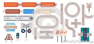 Set of Icons Railroad Tracks, Straight and Curved Way, Barrier, Traffic Light, Semaphore. Transportation Rail Road Lines Vector Illustration