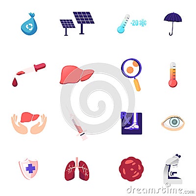 Set of Icons Recycling Litter Bag, Solar Panels and Thermometer with Umbrella, Dropper with Blood Vector Illustration