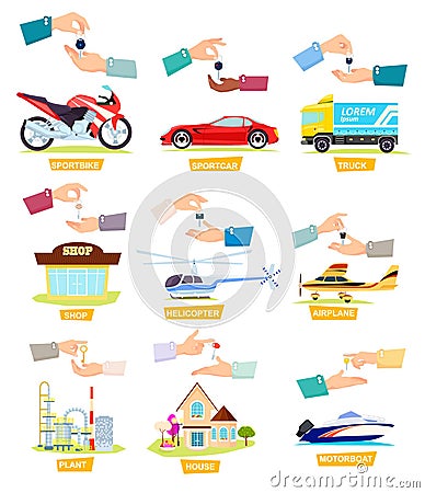Set of Icons with Selling, Buying Cars, Houses Vector Illustration