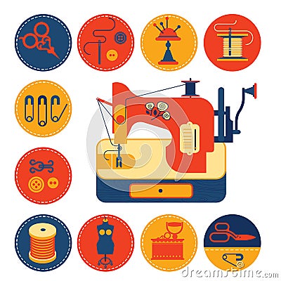 Set of icons with sewing and tailoring symbols. Vector Illustration