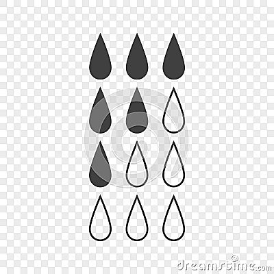 Set of icons showing the level of liquid in the tank by filling the water droplets. Vector illustration on a transparent Vector Illustration