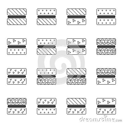 A set of icons showing various options for glued surfaces, wood, glass, stone and others. Vector on white background. Vector Illustration